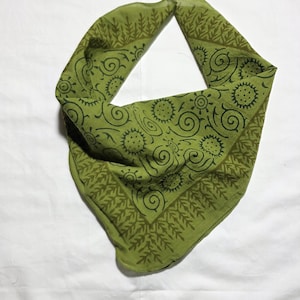 Moss Green Block Print Cotton Bandana: Boho Neckerchief, Handkerchief