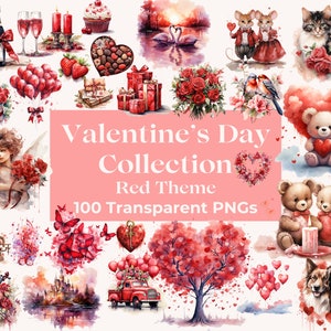 Watercolor Valentines Day Clipart Red Theme 100 PNG Valentine Clipart Sweets Bundle Valentines PNG  Valentine Watercolor Heart Cute Clipart
