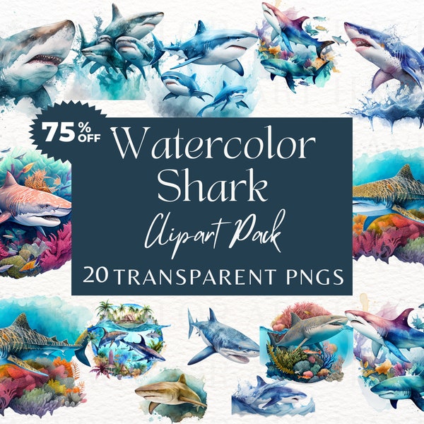 Watercolor Sharks Clipart, Animals, Fish, PNG, Clip Art, Bundle, Instant Download, Commercial Use, Digital.