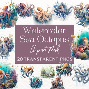 Watercolor Octopus Clipart Collection Sea Animals, Fish, PNG, Clip Art, Bundle, Instant Download, Commercial Use, Digital.
