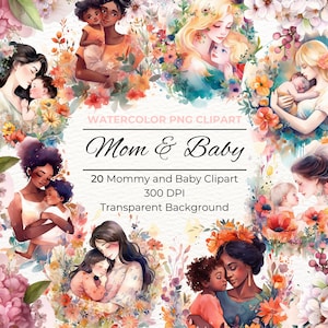 Mother’s Day Clipart, Mother Baby Clipart, Mother and Daughter Watercolor Clipart, Commercial Use, Digital clipart PNG, Mother’s Day Gift