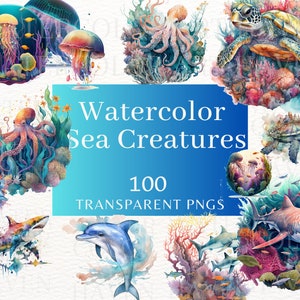 Watercolor Clipart Bundle For UnderSea Creatures JellyFish Sharks Dolphin Sea Turtles Octopus ,Png Clipart