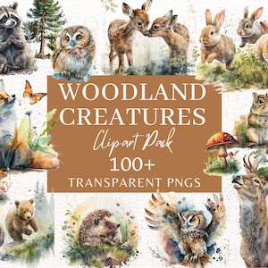 Woodland Animals Clipart Watercolor, Clipart for commercial use, Transparent PNGs, Nursery Clipart, Bear, Fox, Deer, Rabbit, Hedgehog
