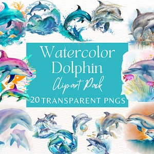20 pièces aquarelle dauphin Clipart ensemble - Design Bundle - téléchargements numériques PNG pour l'artisanat, les invitations et plus