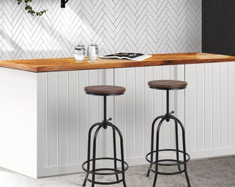 Set of 2 Industrial Black Metal + Wood Bar Stools