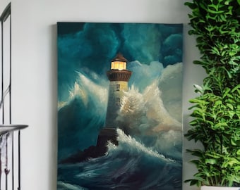 Original Ölgemälde auf Leinwand für Wandkunst, Guiding Light in the Storm: A Beacon of Hope