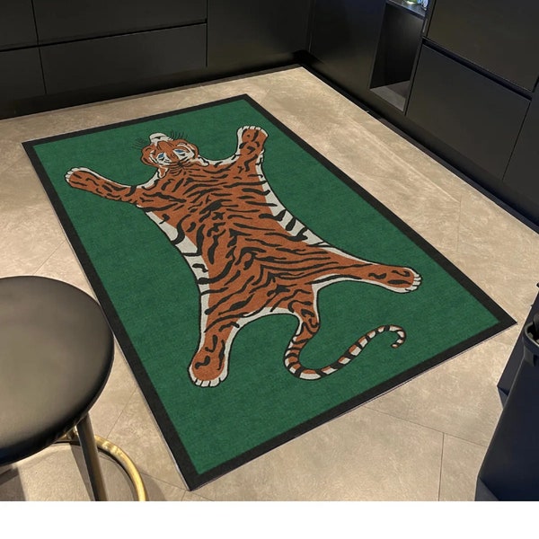 small tiger rug, green tiger rug, Nepali tiger rugs, Tibetan Tiger rugs, Bengal tiger rug, Tiger Rug with green, Modern Look Tiger Area Rug