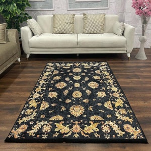Black Rug, Black Flower Rug, Black and Gold Rug, black rug for living room, black rug 8x10, black rug for bedroom, black rug 10x12, rug