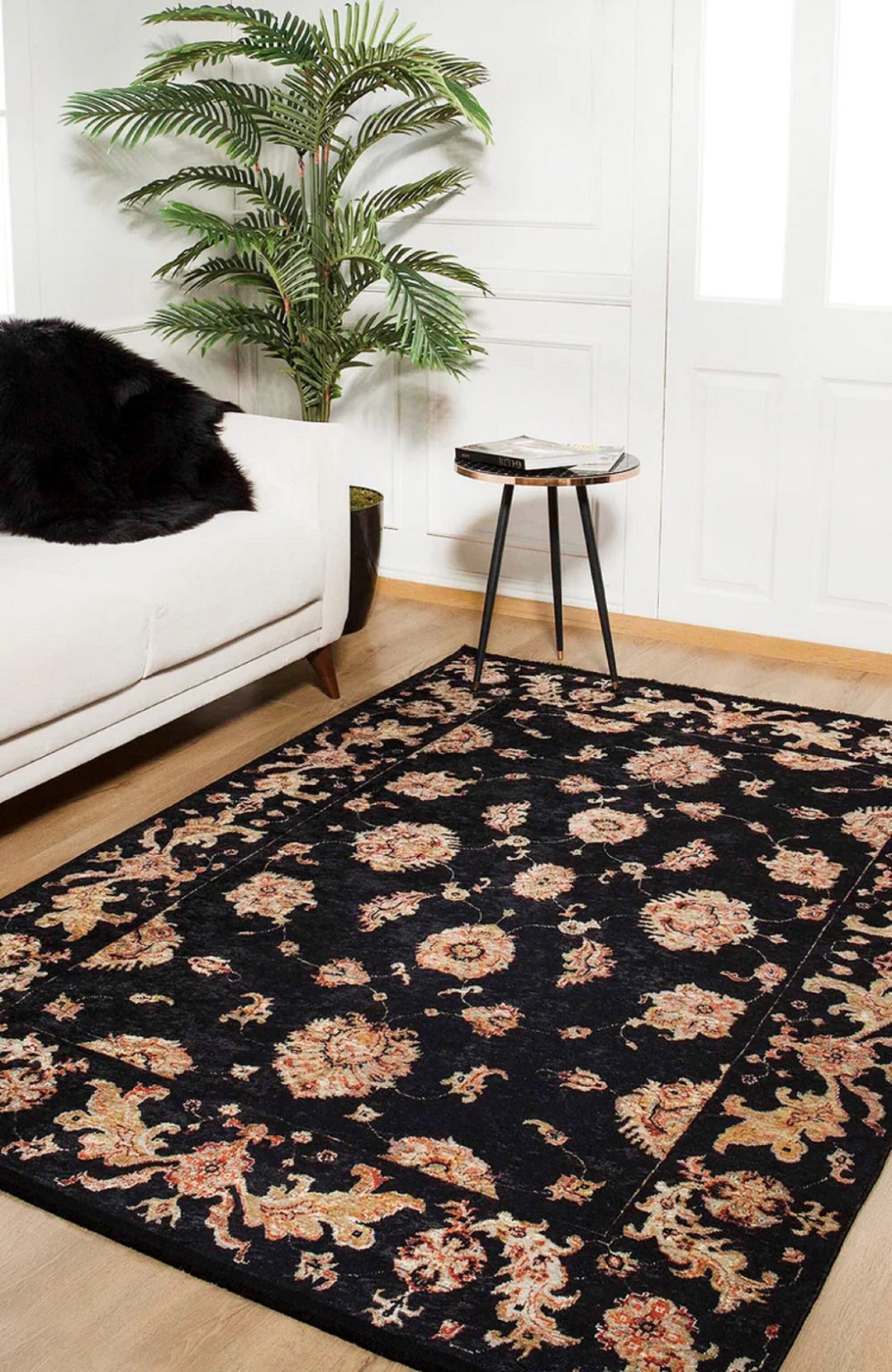 Black Rug, Black Persian Rug, Black and Gold Rug, Kitchen Rug Black