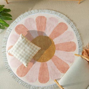 Pink Daisy Round Rug for Girls Room or Nursery, Soft Flower Shaped Carpet, Aesthetic Kids Room Decor, Boho Style Floor Mat