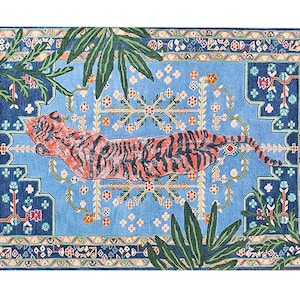 Tiger Rug, Tiger Rug Tibetan, Tiger Rug Blue, Tiger Rug Vintage, Tiger Rug For Living Room, Tiger Pattern Rug, Modern Look Tiger Area Rug