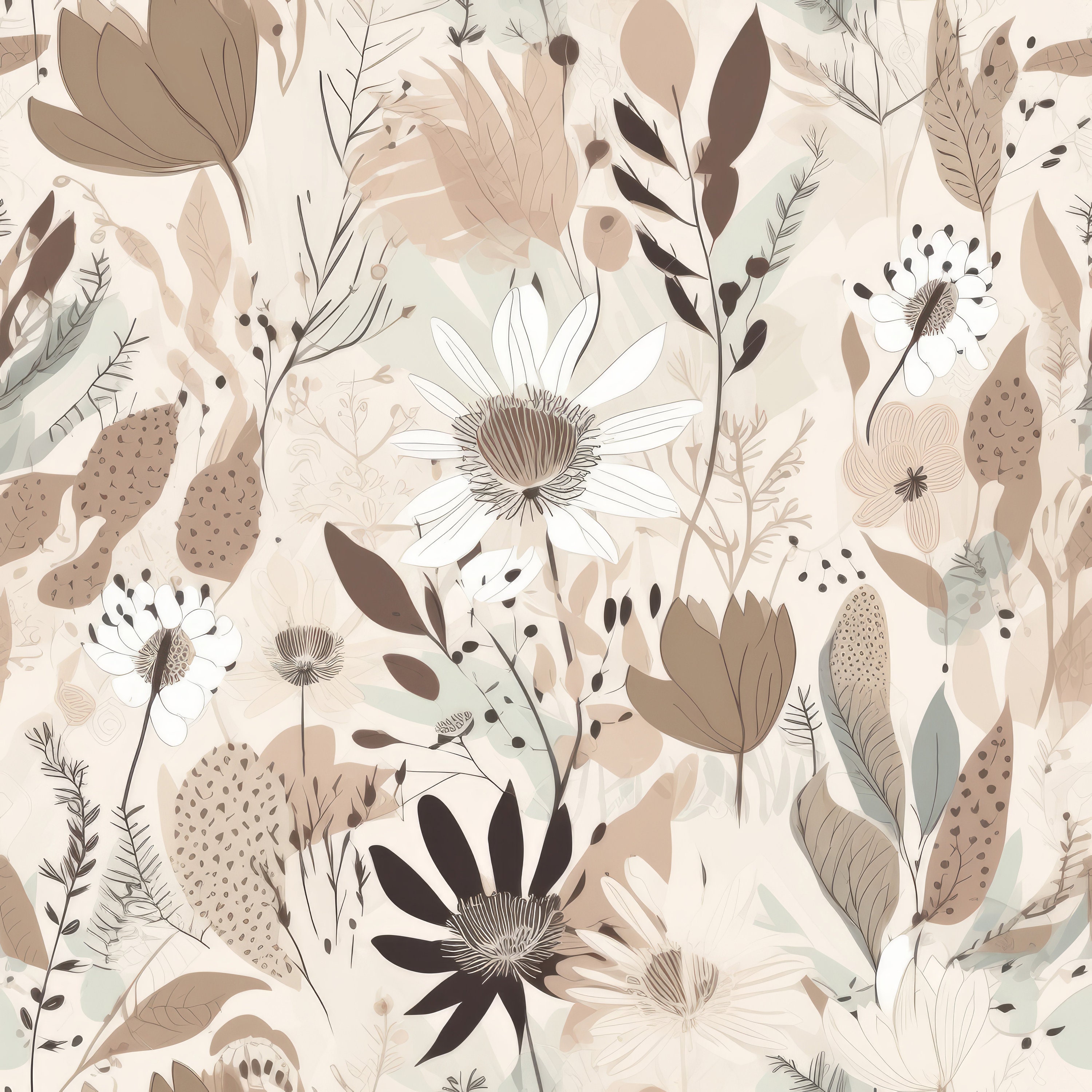Neutral Boho Floral Seamless Pattern - Browns, Beiges, Cream Botanical ...