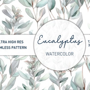 Puede incluir: Patrón sin costuras con ilustraciones de acuarela de hojas de eucalipto en tonos verdes y grises sobre un fondo blanco. El texto "Eucalyptus Watercolor" y "Ultra High Res Seamless Pattern" está incluido en la imagen.