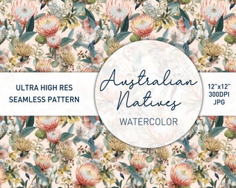 Australian Native Floral Watercolor Seamless Pattern 3 - Banksia, Waratah, Wattle, Protea - Digital Download for Crafts,Design,digital paper