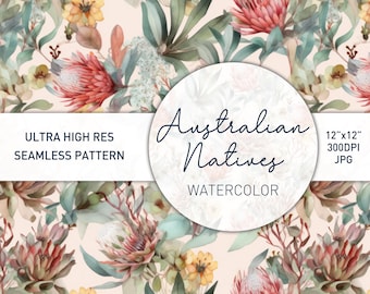 Australian Native Floral Watercolor Seamless Pattern I - Banksia, Waratah, Wattle, Protea - Digital Download for Crafts,Design,digital paper