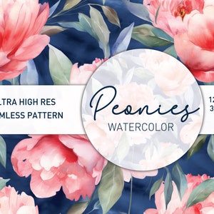 Pivoines roses sur motif sans couture aquarelle bleu marine - Téléchargement numérique floral féminin pour l'artisanat, la conception de tissu, le papier numérique ou les arrière-plans