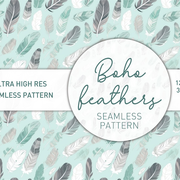 Bright Aqua, Teal & Grey Boho Style Feathers Seamless Pattern-Digital Download for Crafts,Design, fabric, digital paper, backgrounds or more