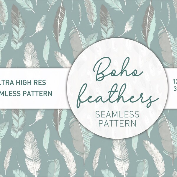 Muted Blue, Aqua and Grey Boho Style Feathers Seamless Pattern-Digital Download for Crafts,Design, fabric, digital paper, backgrounds & more