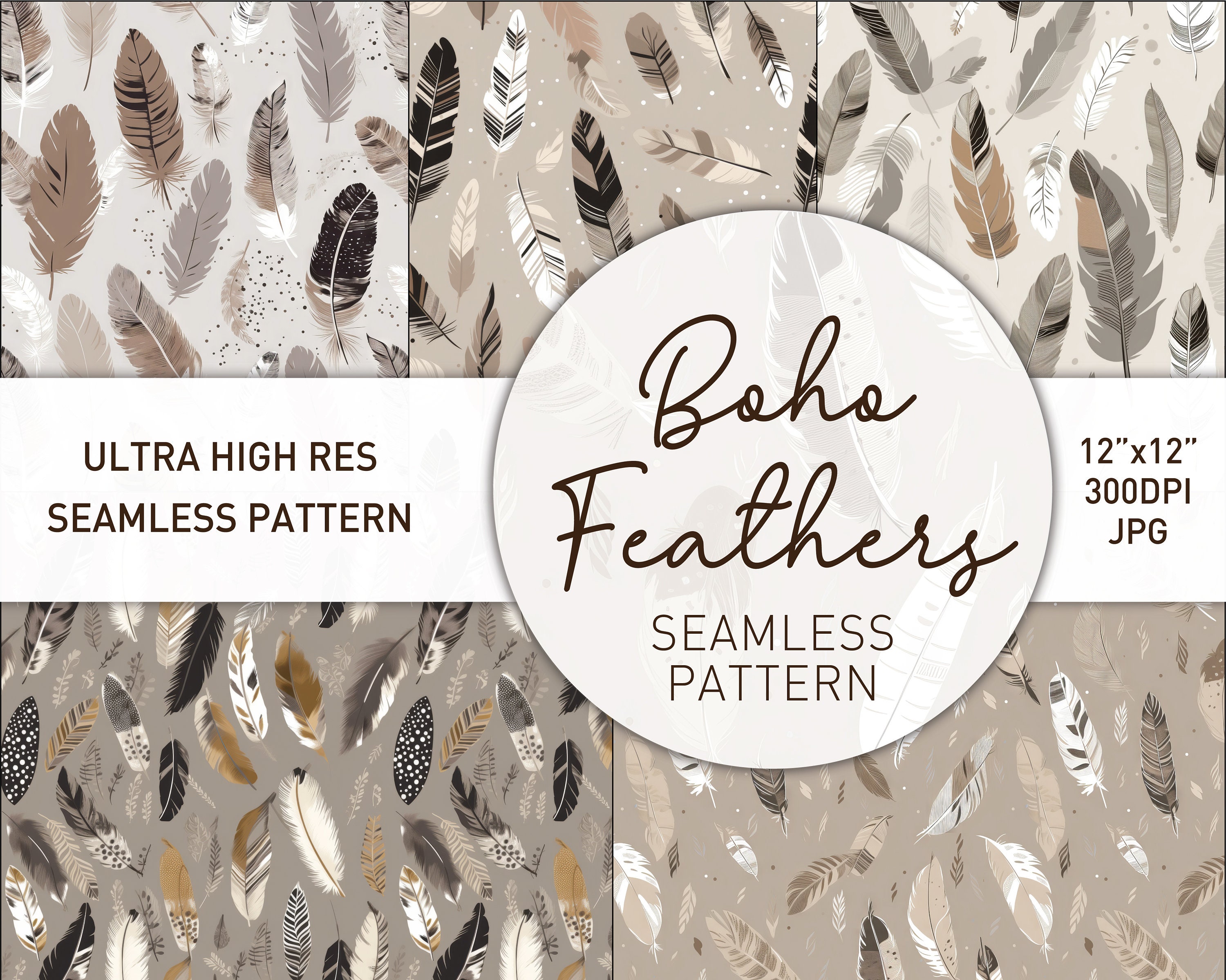 5 Neutral themed Boho Style Feathers Seamless Pattern - Digital Download  for Crafts, Design, fabric, digital paper, backgrounds \u0026 more, image size:3000x2400