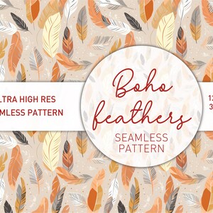Arancione, beige, marrone e bianco Boho Style Feathers Seamless Pattern - Download digitale per artigianato, design, tessuto, carta digitale, sfondi