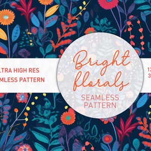 Vibrant Red & Orange Florals on Navy Seamless Pattern - Botanical Design Digital Download for Crafts, Design, digital paper, backgrounds