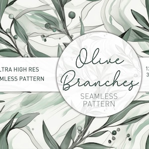Może przedstawiać: Wzór bez szwów z gałązkami oliwnymi z zielonymi liśćmi i małymi jagodami na białym tle z zielonymi marmurowymi wirami. Tekst "Olive Branches Seamless Pattern" znajduje się w kółku w środku obrazu. Tekst "Ultra High Res Seamless Pattern" znajduje się u góry obrazu. Tekst "12"x12" 300DPI JPG" znajduje się na dole obrazu.