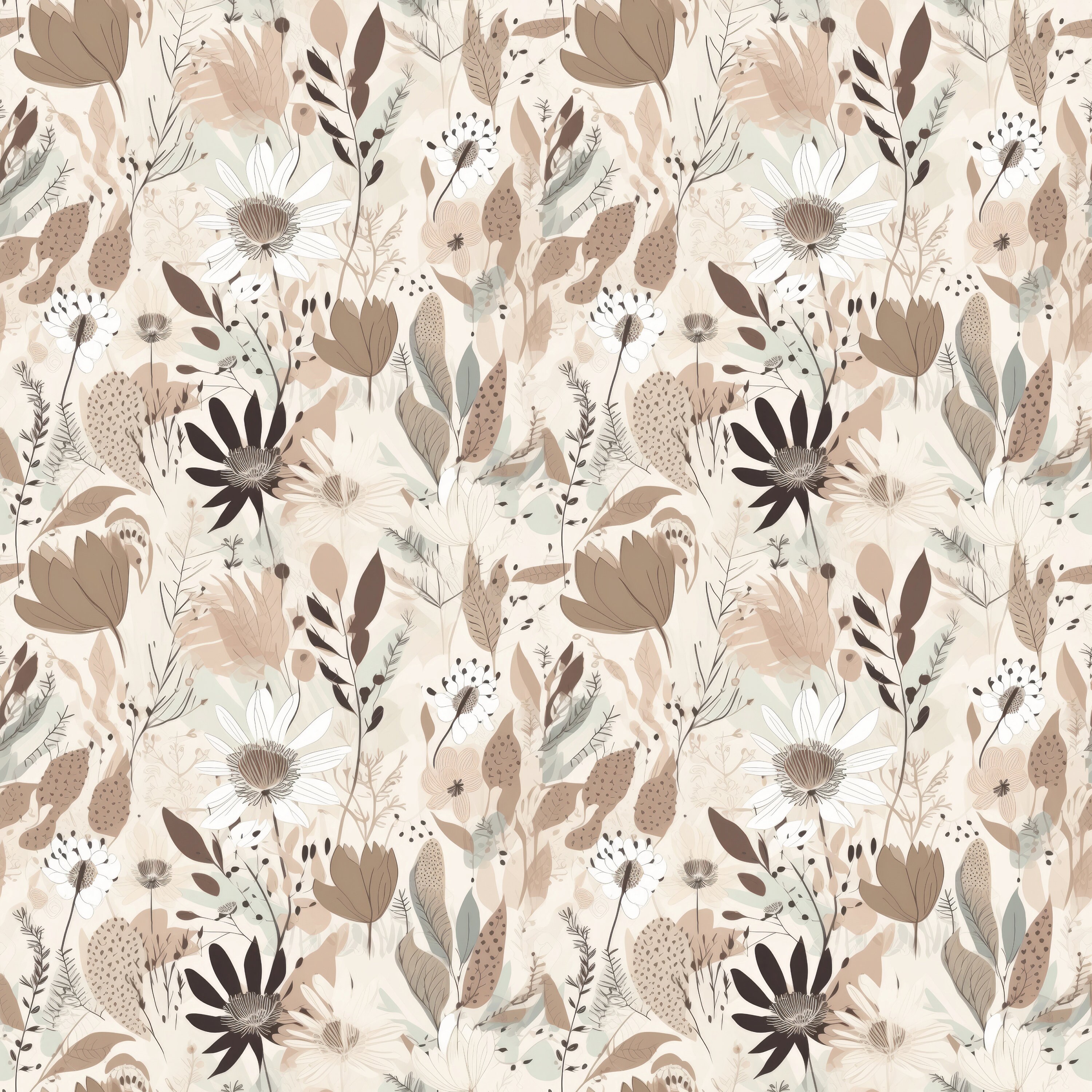 Neutral Boho Floral Seamless Pattern - Browns, Beiges, Cream Botanical ...