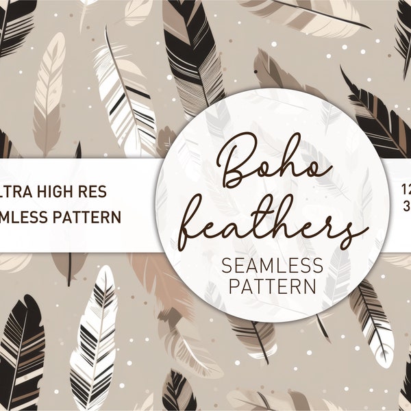 Beige, Brown, Black & White Boho Style Feathers Seamless Pattern-Digital Download for Crafts, Design, fabric, digital paper, backgrounds