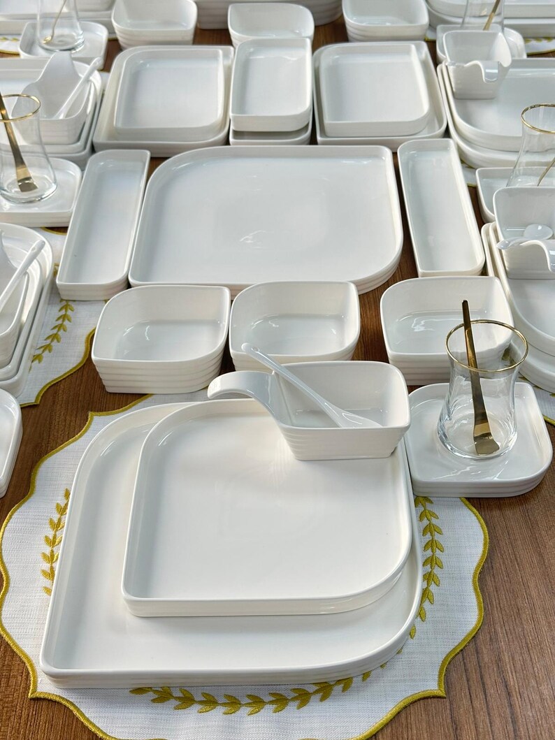 119 Pcs Porcelain Breakfast Set for 12 | Modern White Dinnerware - Etsy