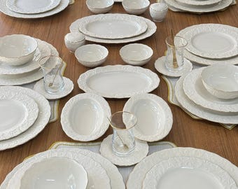 68 Piece Rose Dinnerware & Breakfast Set for 6 | Embossed Porcelain | Gold Rim Elegant Tableware