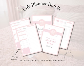 Life Planner Bundle, 43 pages, INSTANT DOWNLOAD, daily checklist, to do list, habit tracker, daily journal, life organisation, Goals, Pink