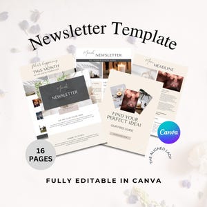 Pode incluir: Um conjunto de modelos de newsletter com uma paleta de cores suave e neutra. O design inclui o texto "Newsletter Template", "March Newsletter" e "Find Your Perfect Idea!". Os modelos são totalmente editáveis no Canva e têm 16 páginas.