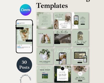 Puede incluir: Un gráfico de marketing digital con el texto "Social Media Marketing Templates" y "Fully Editable on Canva". La imagen presenta una maqueta de smartphone y 12 plantillas cuadradas para publicaciones en redes sociales.