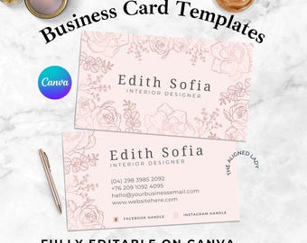 Interior Design Business Card Canva Template, Diy Business Card, Instant download, Business Printable, Pink rose design floral, BC4