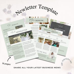 中小企業向けニュースレターテンプレート、Canva テンプレート、完全に編集可能、即時ダウンロード、16 ページ、新聞テンプレート、電子メール マーケティング、グリーン