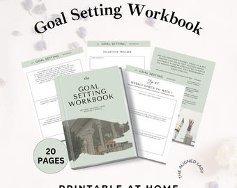 Peut inclure: Un cahier de planification des objectifs avec une couverture vert clair et le titre "Goal Setting Workbook". Le cahier comprend 20 pages et est conçu pour aider à définir et à atteindre des objectifs mensuels. Le texte "Printable at Home" est également visible.