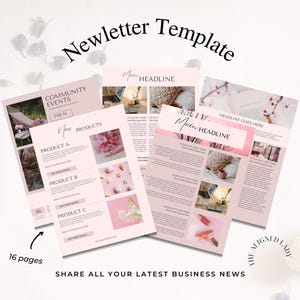 Modèle de newsletter pour petite entreprise, modèle canva, entièrement modifiable, téléchargement immédiat, 16 pages, modèle de journal, marketing par email, rose