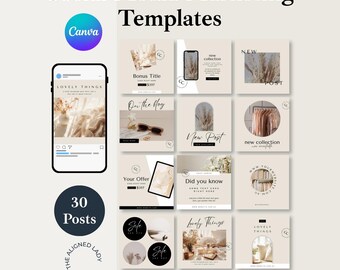 Plantillas de marketing para redes sociales, descarga instantánea, minimalistas, Canva, 30 publicaciones publicitarias, promoción en Instagram, Facebook, limpias, color crema, AP2