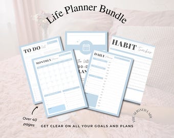 Life Planner Bundle, 43 pages, INSTANT DOWNLOAD, daily checklist, to do list, habit tracker, daily journal, life organisation, Goals, Blue