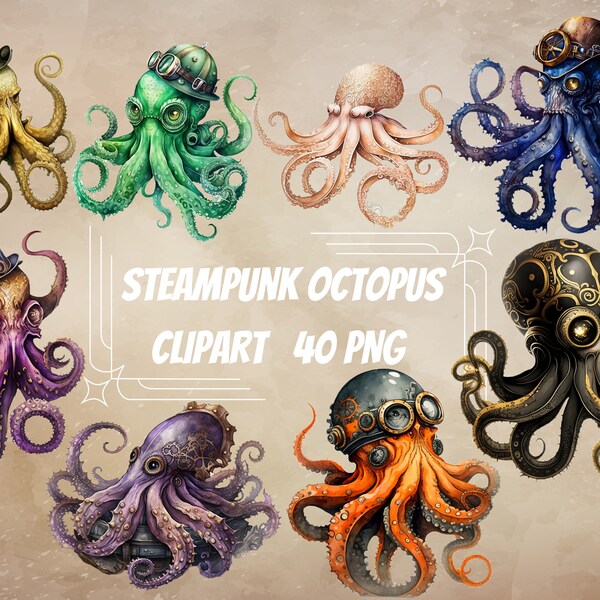 Steampunk Octopus Clipart aquarelle Art rétro Illustrations victoriennes