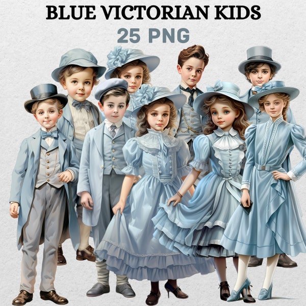 Blue Victorian Kids Clipart Watercolor Vintage Children Fashion Art Retro Illustrations, Scrapbook, Junk Journal