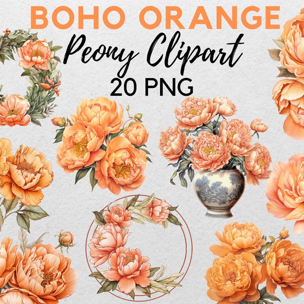 Orange Peony Watercolor Clipart Boho Flowers Bouquet Peonies Wreath