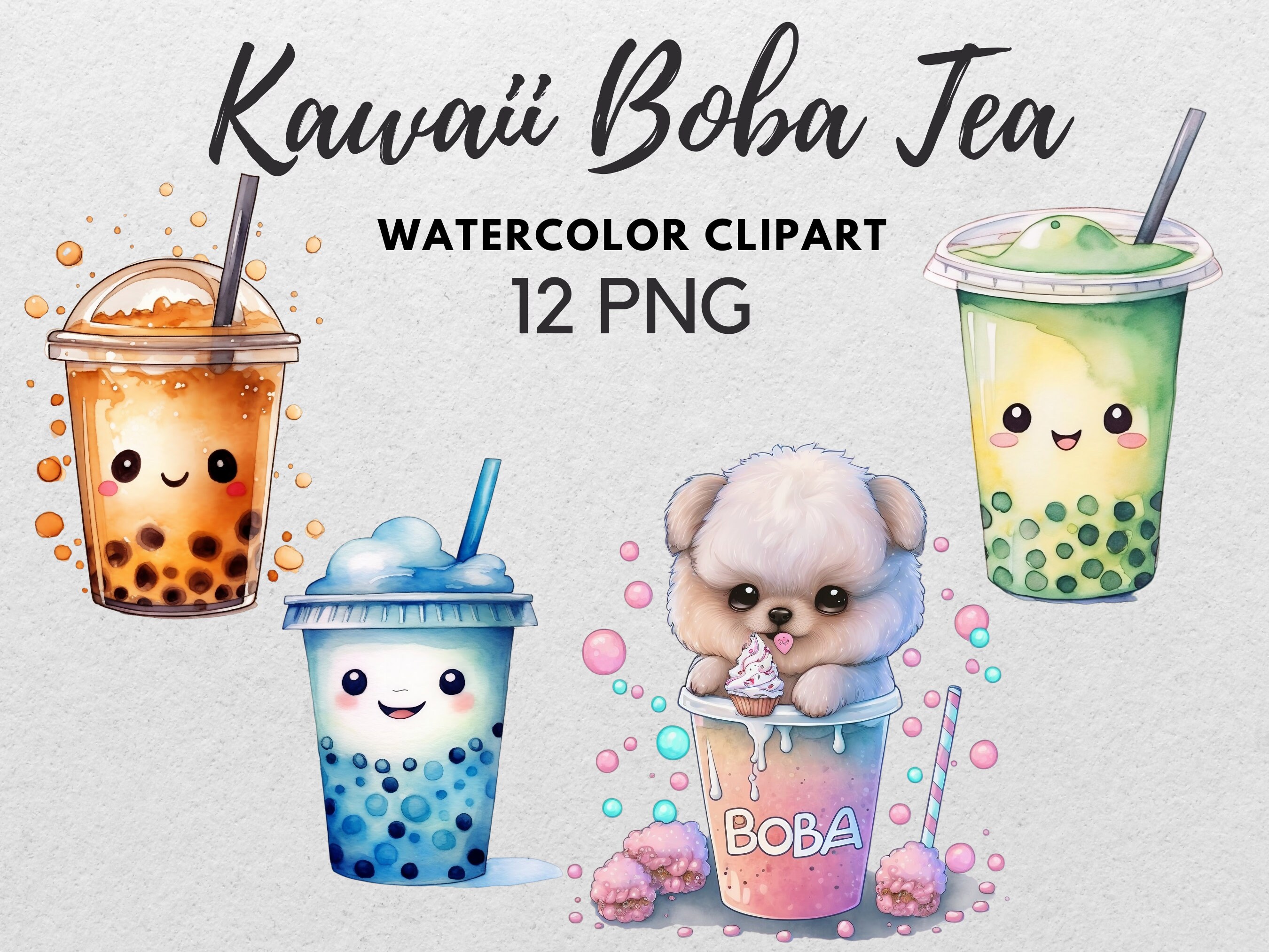 Watercolour Bubble Tea Clipart Kawaii Boba Tea Milk Tea PNG 