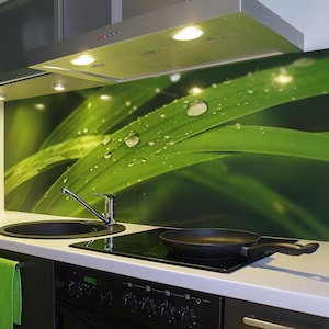 Puede incluir: Una cocina moderna con vitrocer&aacute;mica, fregadero y campana extractora negros. Un protector contra salpicaduras verde presenta un primer plano de hojas verdes con gotas de agua. Una sart&eacute;n negra descansa sobre la vitrocer&aacute;mica y una toalla verde cuelga.