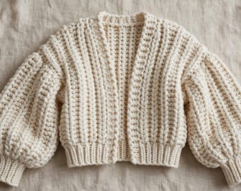 Crochet Pattern for Chunky Cardigan with Puff Sleeves PDF | Easy Oversized Cardigan Tutorial (French and English) | HaidiLaure Shop