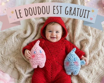 Tutina all'uncinetto per neonati con stelle e estremità aperte (0-9 mesi) - Tuta da neve con cappuccio convertibile, il tuo peluche MAGIC STAR è offerto.