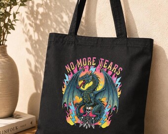 Metall Drachen Illustration Tragetasche | Renfaire Tasche | Retro Totenkopf Rock Tote