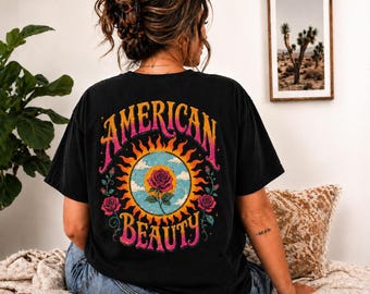 Vintage Grateful Dead Inspired Shirt | American Beauty Back Graphic Tee | Rock Band T-Shirt | 70s Concert Tee | Psychedelic Rose Sun