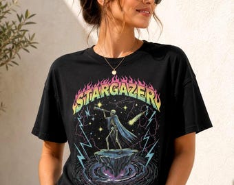 Stargazer Retro kosmisches Illustrations-T-Shirt | Vintage Band T-Shirt | 90er Jahre Grunge