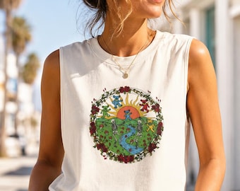 lange seltsame Reise Tank Top | Dankbar tot inspiriert Grafik Tank | Tanzender Bär Skelett Tank | Frauen Festival ärmelloses Shirt